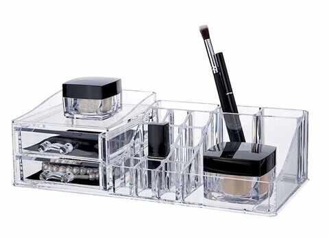 Organizator pentru cosmetice Compactor, 16 compartimente si 2 sertare, transparent