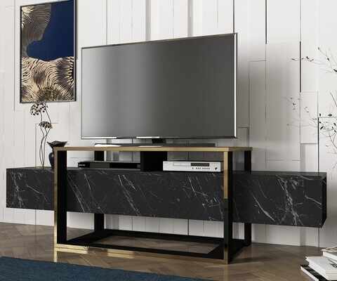 Comoda TV Bianco, Talon, 160 x 46.1 x 49.8 cm, negru/auriu