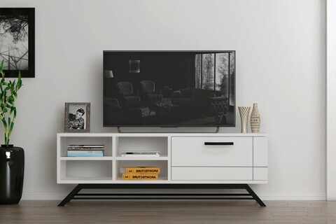 Comoda TV, Coraline, Malibu, 150x53.6x35 cm, Alb negru