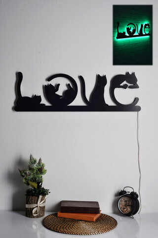 Decoratiune luminoasa LED, Cat Love, MDF, 60 LED-uri, Verde