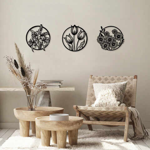 Decoratiune de perete, Flowers, Metal, 30 x 34 cm, 3 piese, Negru