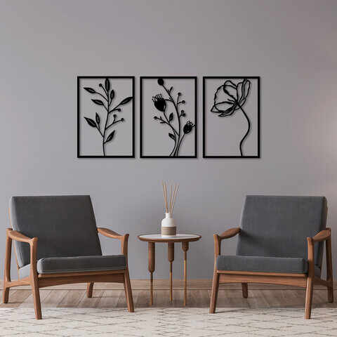 Decoratiune de perete, Flowers, Metal, 49 x 70 cm, 3 piese, Negru