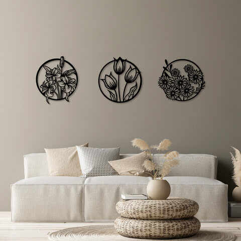 Decoratiune de perete, Flowers, Metal, 50 x 57 cm, 3 piese, Negru