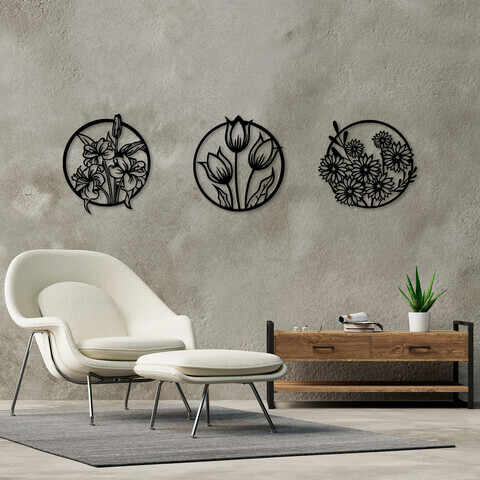 Decoratiune de perete, Flowers, Metal, 72 x 79 cm, 3 piese, Negru