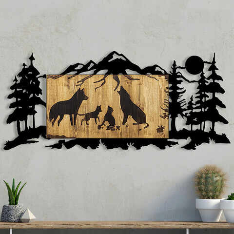 Decoratiune de perete, Wolf Family, Metal/lemn, Dimensiune: 108 x 3 x 47 cm, Nuc / Negru
