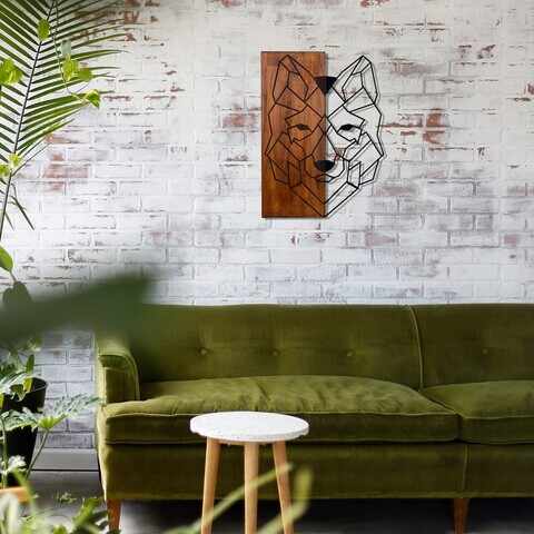 Decoratiune de perete, Wolf1, 50% lemn/50% metal, Dimensiune: 45,5 x 58 cm, Nuc / Negru