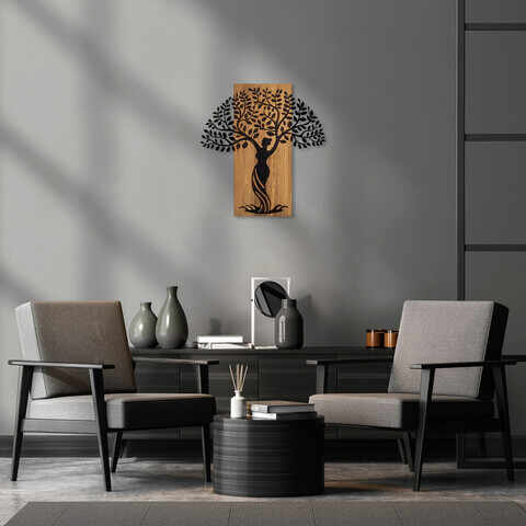 Decoratiune de perete, Woman Tree 3, 50% lemn/50% metal, Dimensiune: 54 x 58 cm, Nuc / Negru