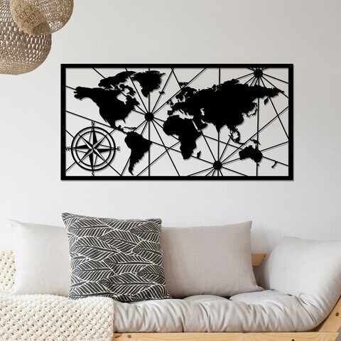 Decoratiune de perete, World Map Large 2, Metal, Dimensiune: 120 x 60 cm, Negru