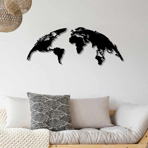 Decoratiune de perete, World Map Medium, Metal, Dimensiune: 120 x 47 cm, Negru