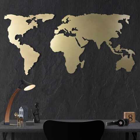 Decoratiune de perete, World Map Silhouette, Metal, Dimensiune: 60 x 120 cm, Auriu