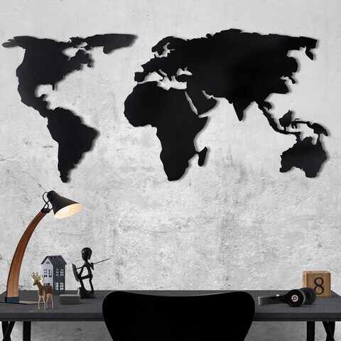 Decoratiune de perete, World Map Silhouette, Metal, Dimensiune: 60 x 120 cm, Negru