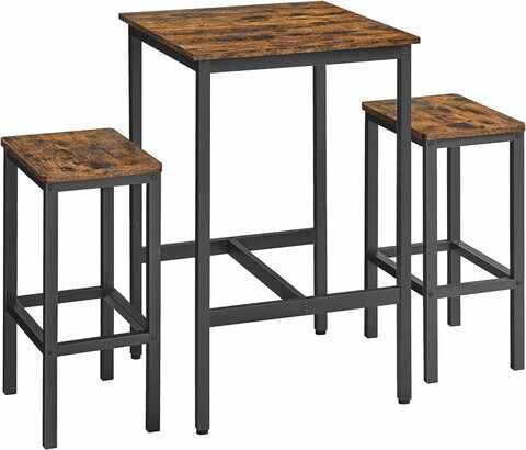 Set masa de bar si 2 scaune Vasagle, 60 x 60 x 90 cm / 30 x 40 x 35 cm, PAL/otel, maro rustic
