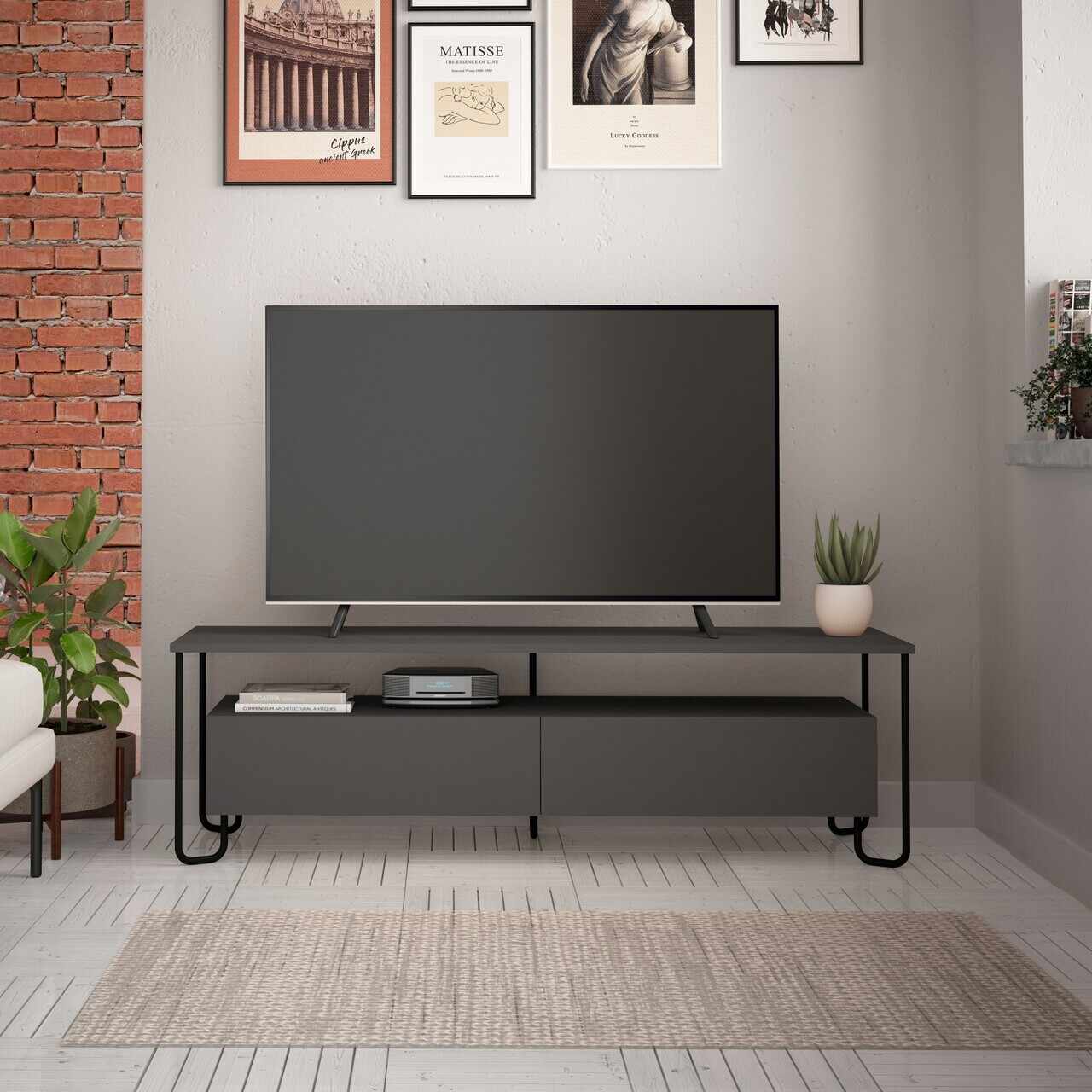 Comoda TV Cornea, Decortie, 150x42x45 cm, antracit
