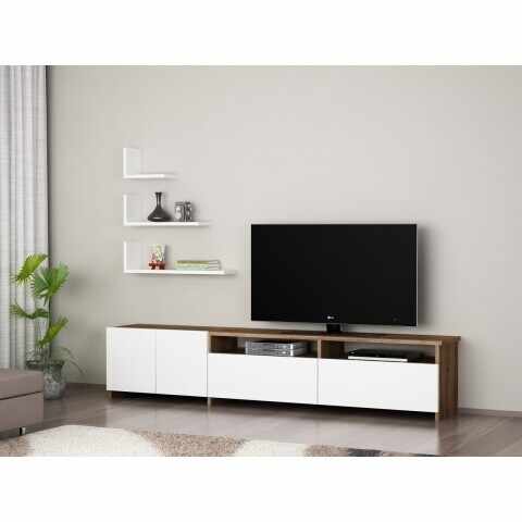 Comoda TV cu rafturi, Wooden Art, Gelincik White Walnut, 180x103.1x31.6 cm