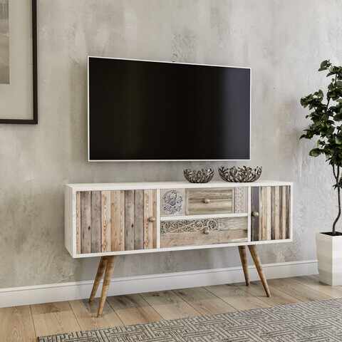 Comoda TV Odense, Kalune Design, 122x35x65 cm, alb/natural