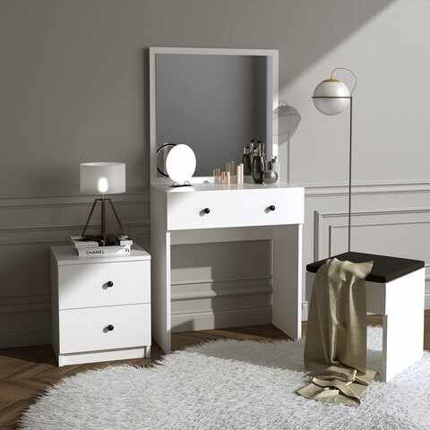 Masa de toaleta / machiaj cu oglinda, taburet si noptiera Nice, Elegance, 65x35x139 cm, alb