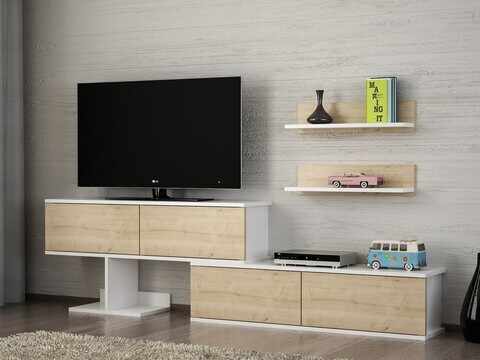Comoda TV cu 2 rafturi Maximusa, Furny Home, 210x29.5x59 cm, alb/bej