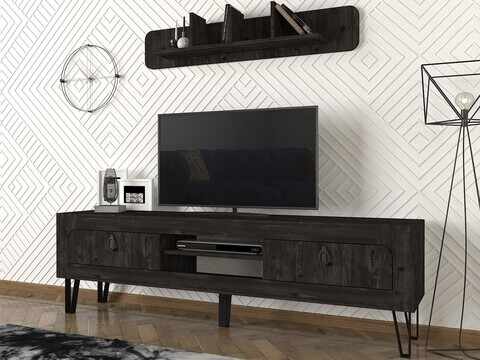 Comoda TV cu raft de perete Emerald, Talon, 180 x 55 cm/120 x 22 cm, negru