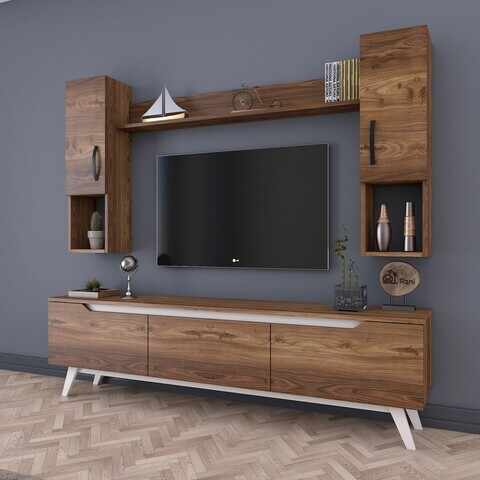 Comoda TV cu raft de perete si 2 cabinete M27 - 833, Wren, 180 x 35 x 48.6 cm/133 cm, walnut/white