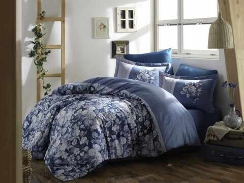 Lenjerie de pat pentru o persoana, 2 piese, 135x200 cm, 100% bumbac satinat, Hobby, Amalia, albastru petrol