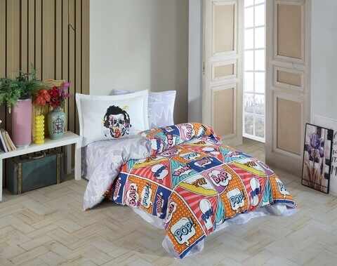 Lenjerie de pat pentru o persoana, 3 piese, 160x220 cm, 100% bumbac poplin, Hobby, Wow, multicolor