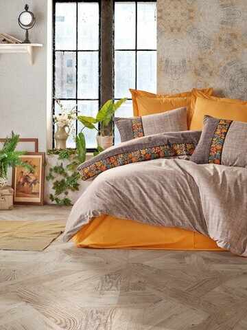 Lenjerie de pat pentru o persoana, 3 piese, 160x220 cm, 100% bumbac ranforce, Cotton Box, Folk Art, maro nurca
